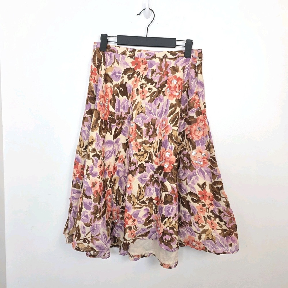 Vintage George Purple Colorful Floral Sequin Fairy A-Line Knee Length Skirt Sz 6